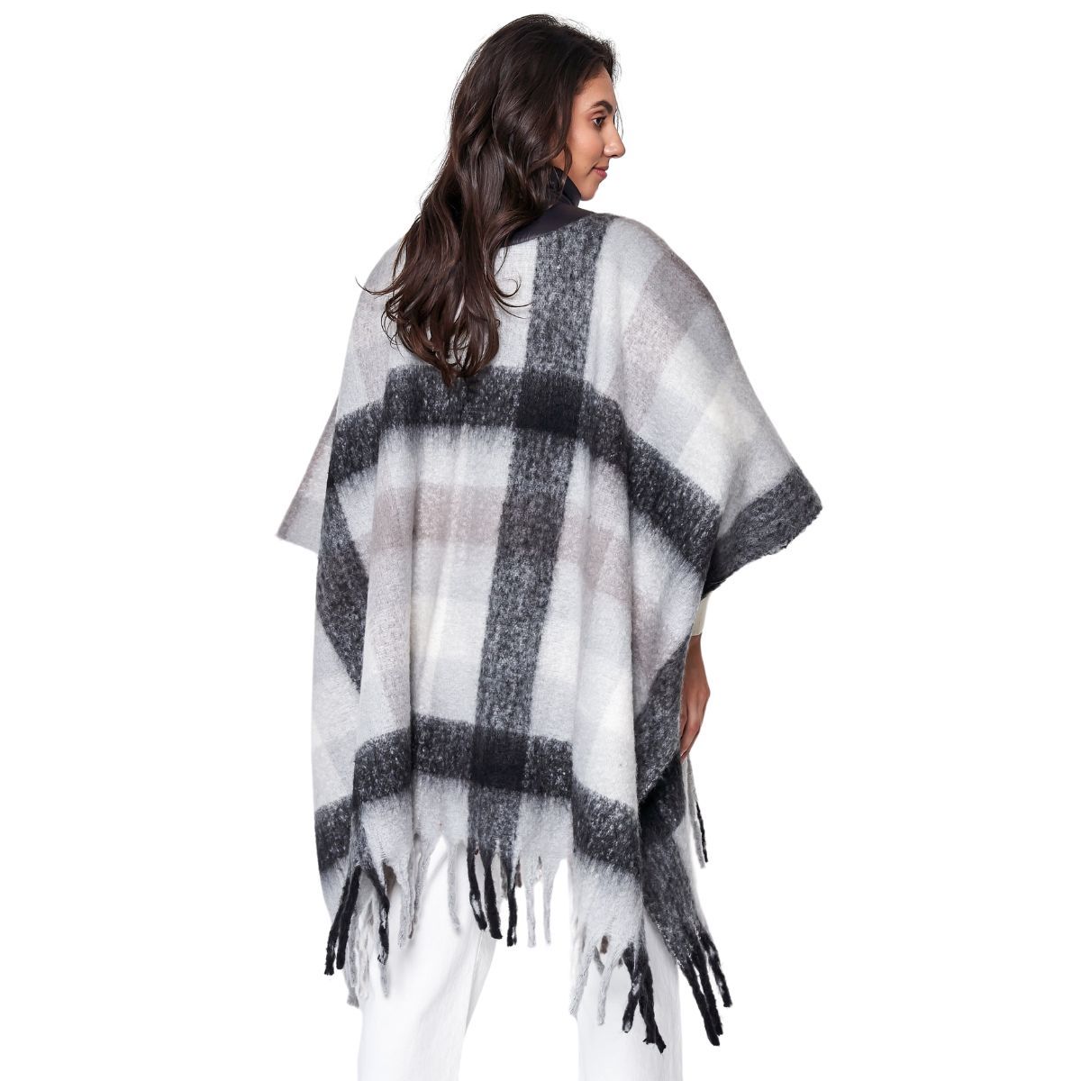 Poly Black Plaid Long Zip Fringe Poncho for Women