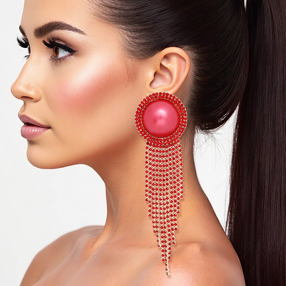 Clip On Red Pearl Dome Stone Fringe Earrings