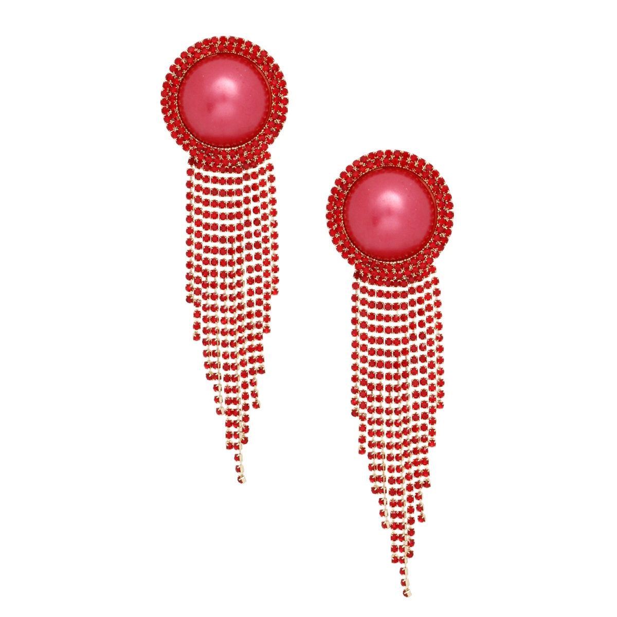 Clip On Red Pearl Dome Stone Fringe Earrings