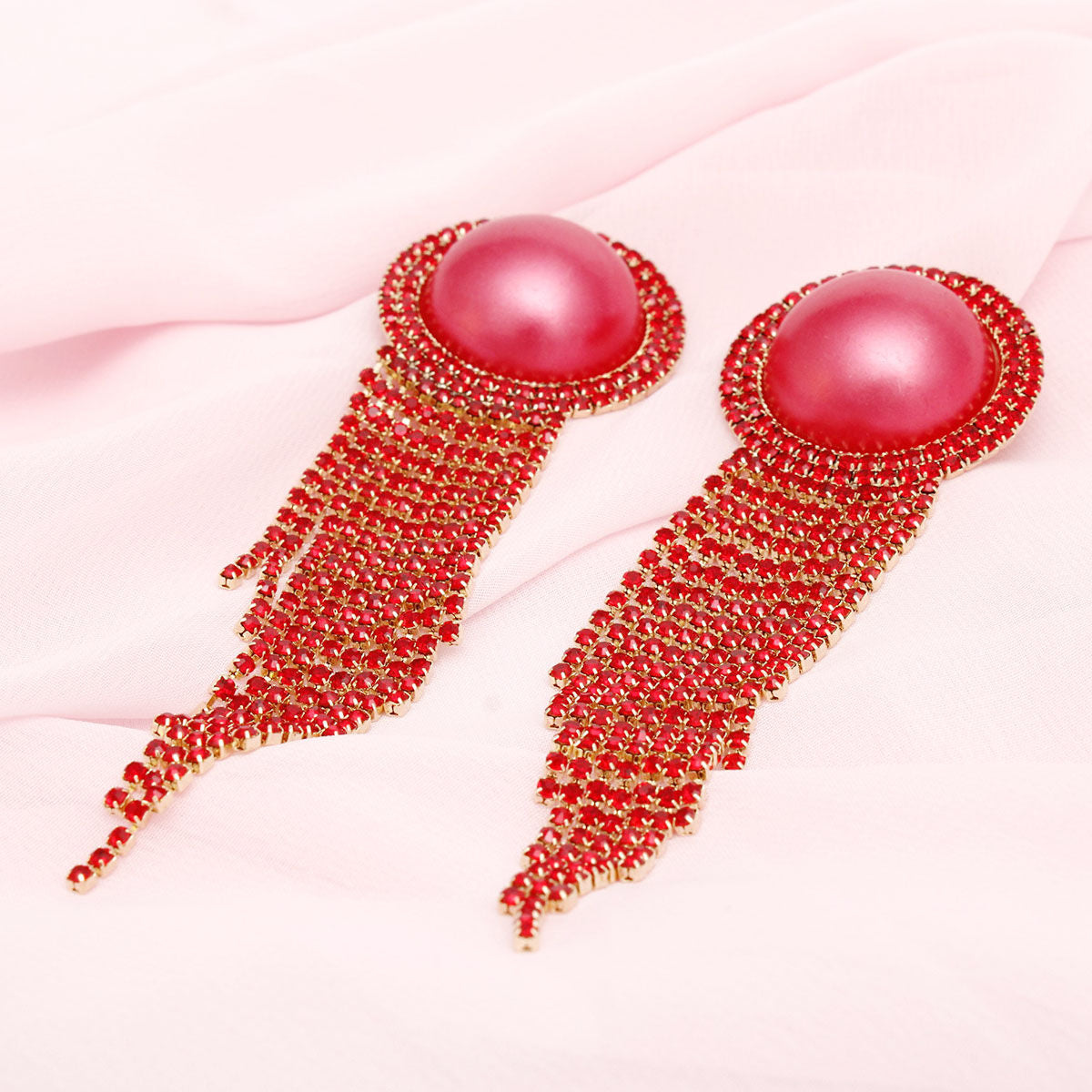Clip On Red Pearl Dome Stone Fringe Earrings