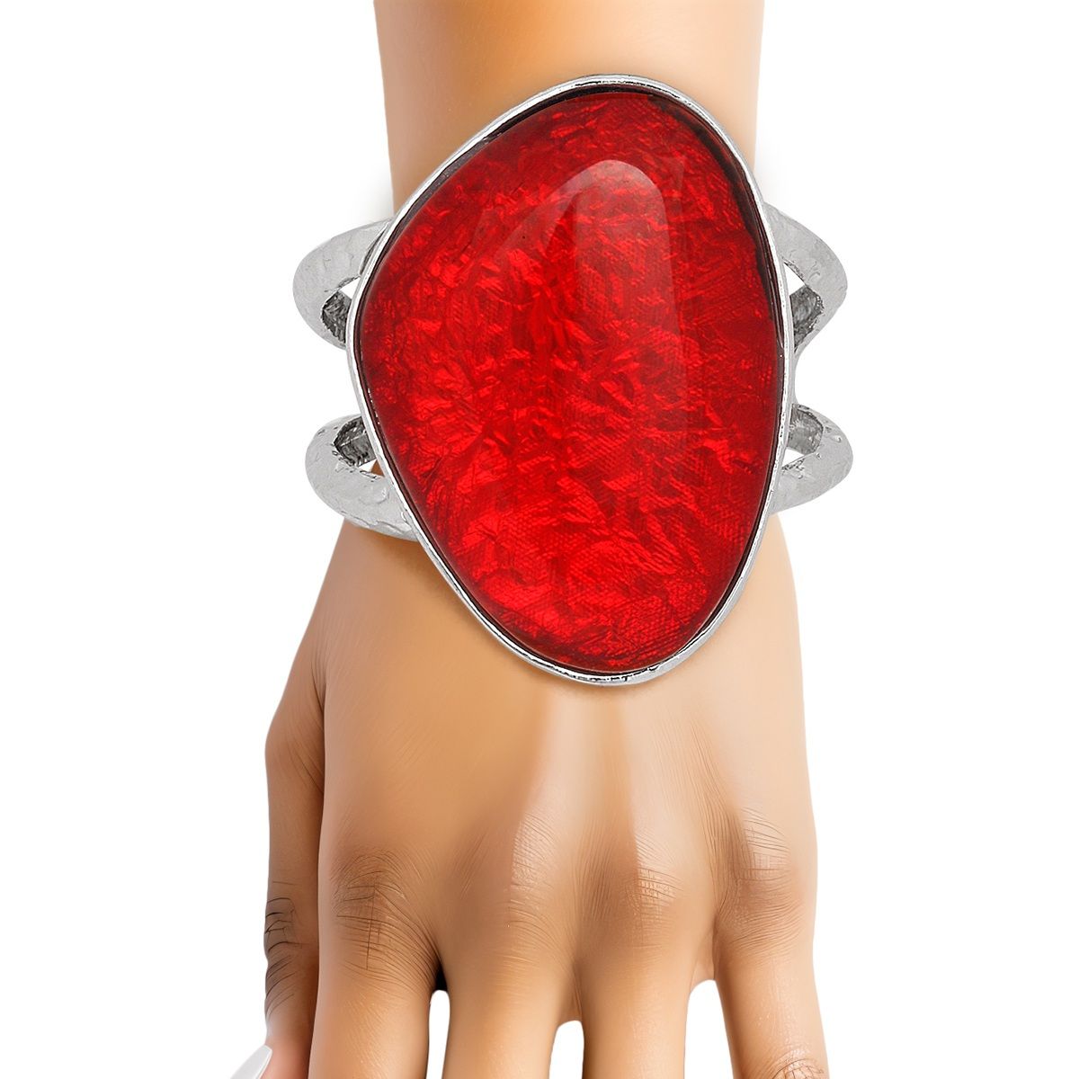 Cuff Vivid Red Resin Chunky Silver Bracelet Women