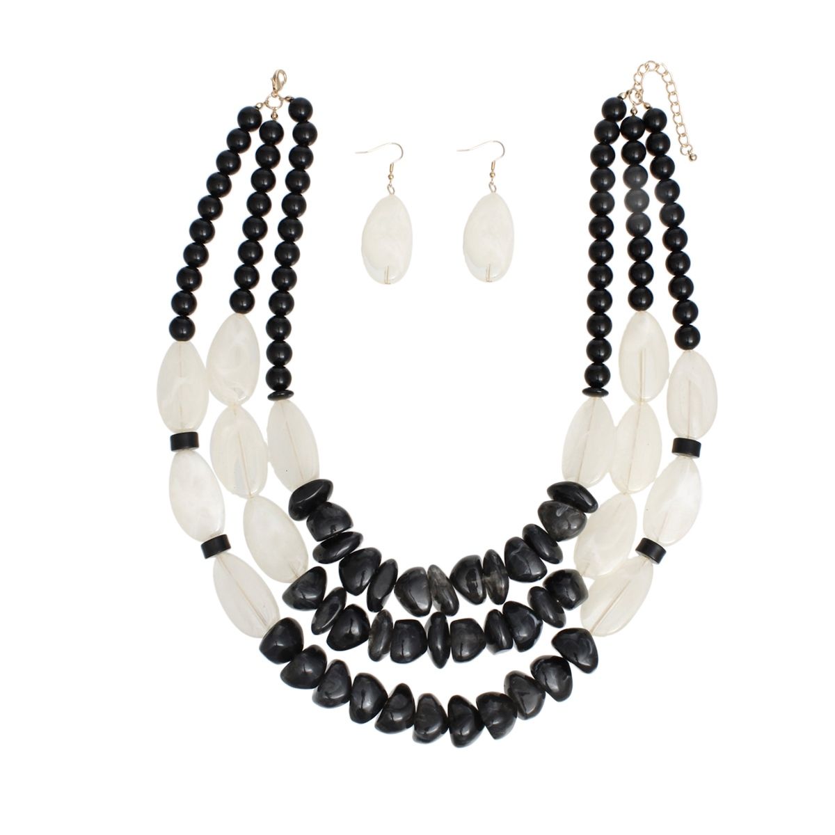 Beaded Black Stone 3 Layer Tribal Necklace Set