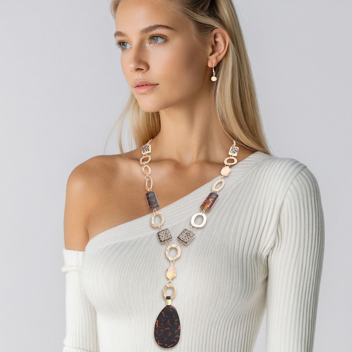 Y Necklace Leopard Bead Gold Chain Set for Women