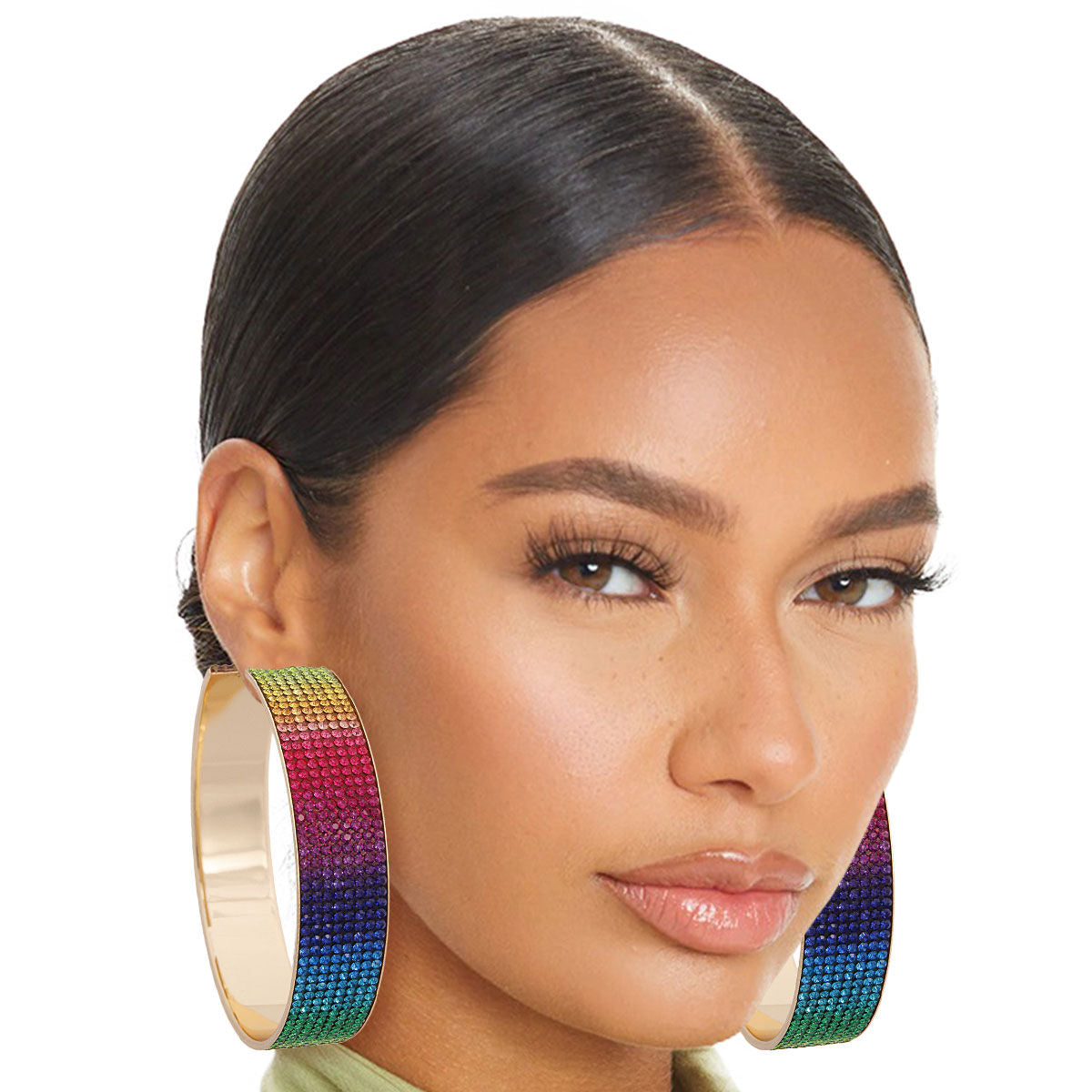 Rainbow Rhinestone Wide Metal Hoops