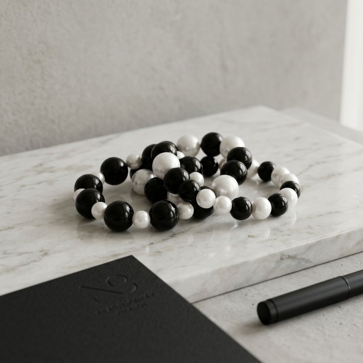 Black Bead White Pearl Bracelet Stretch 3 Strand