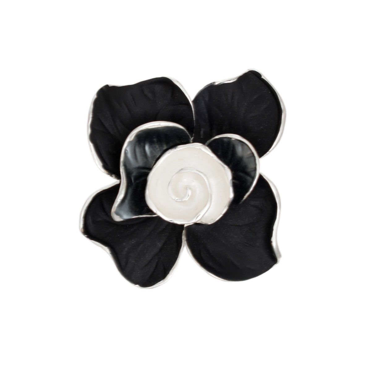 Brooch Black Camellia Flower Silver Magnetic Pin