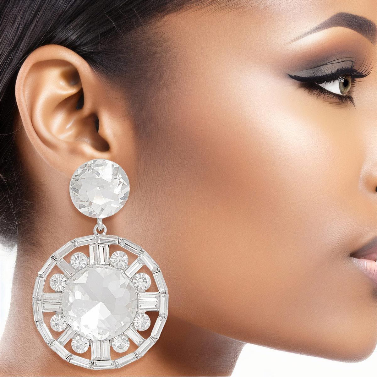 Clip On Large Silver Crystal Round Drop Earrings