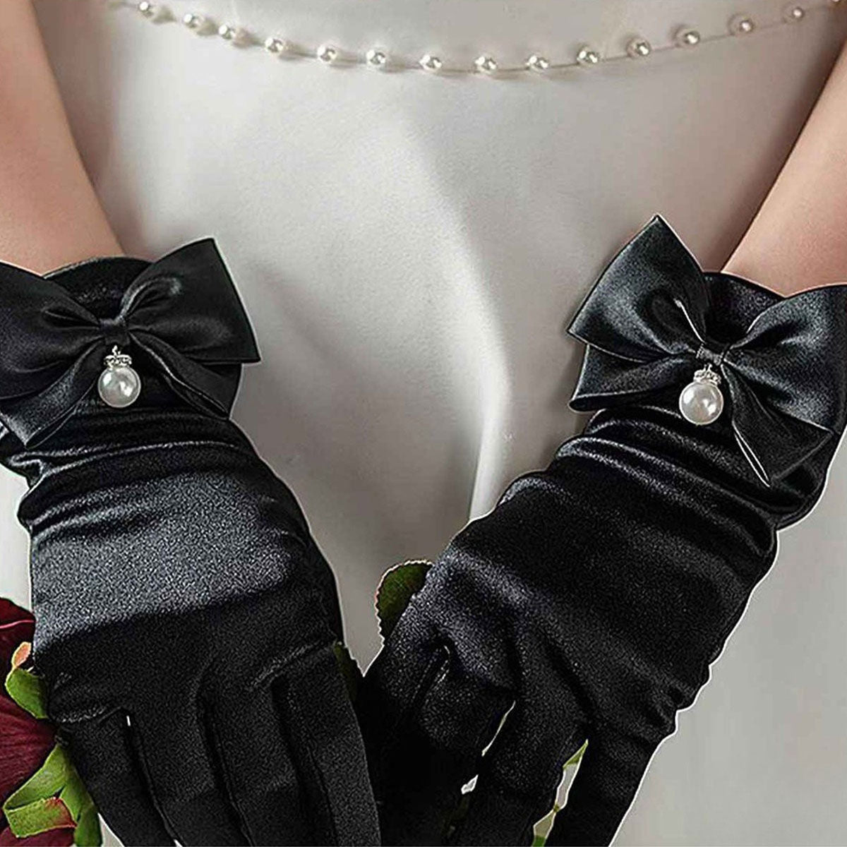 Black Satin Bow and Pearl Formal Gloves for Women