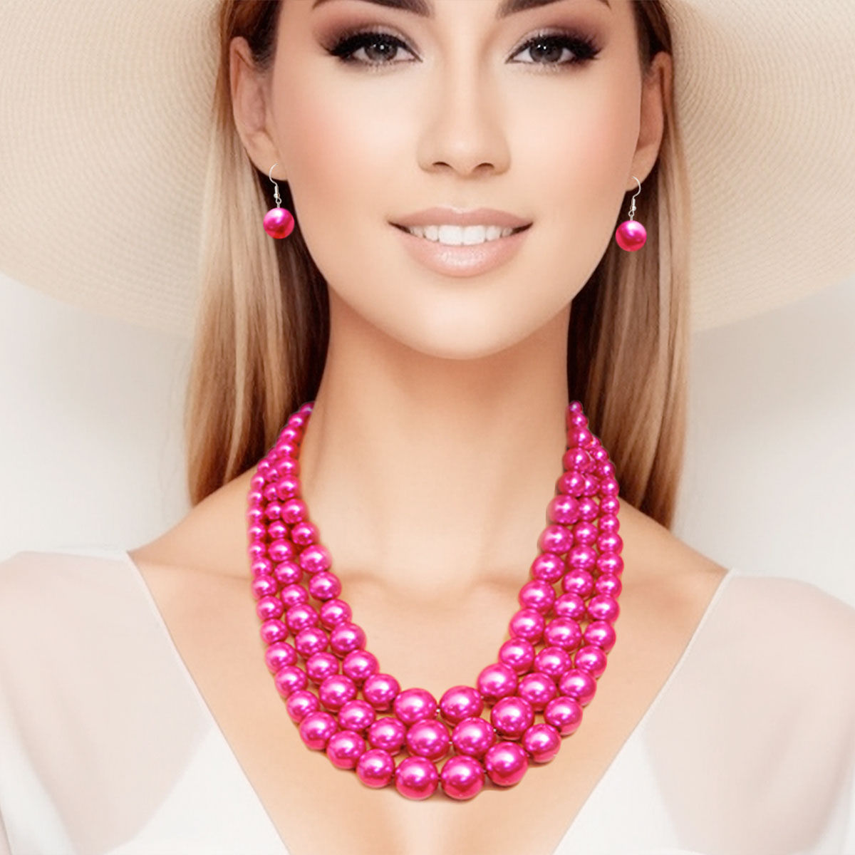 Fuschia Multi Strand Pearl Necklace Set