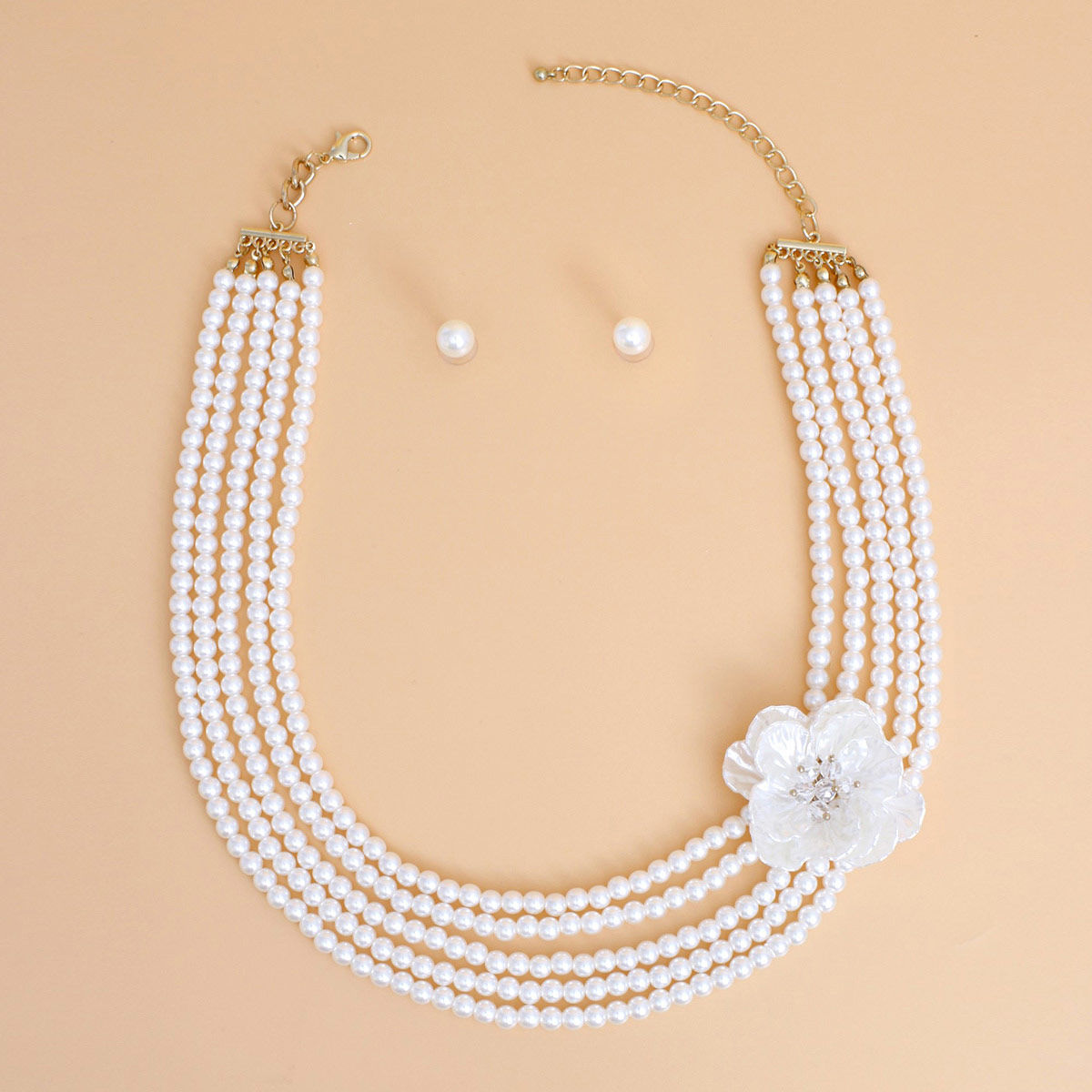 Pearl Necklace Cream 5 Strand Flower Set for Women