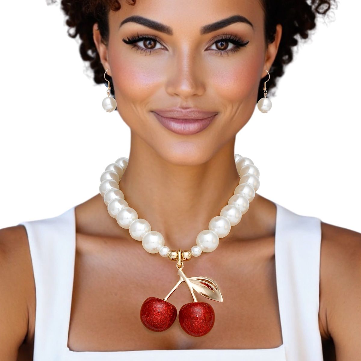 Pendant Bold Cheeky Glitter Cherry Pearl Necklace