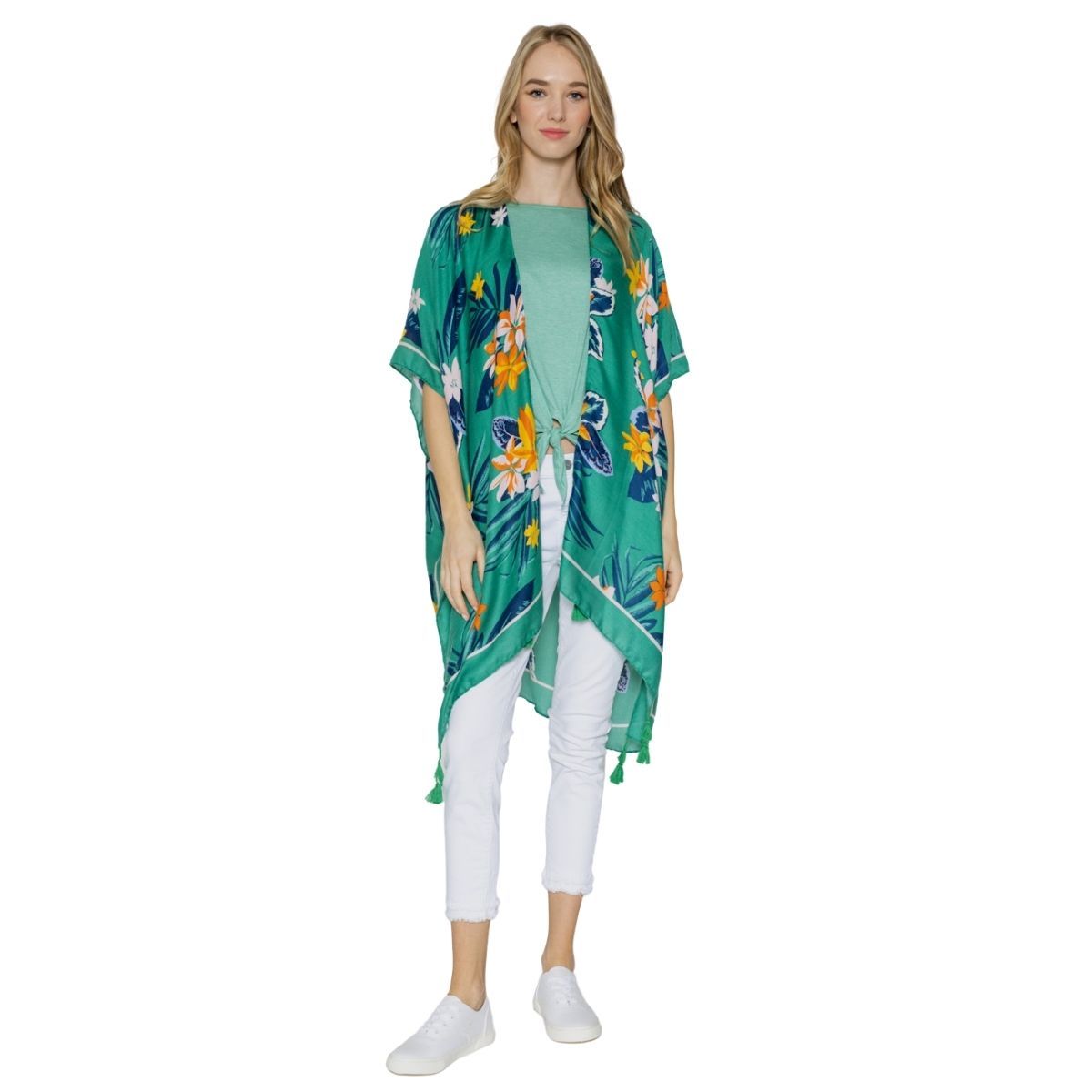 Green Tropical Floral Tassel Kimono