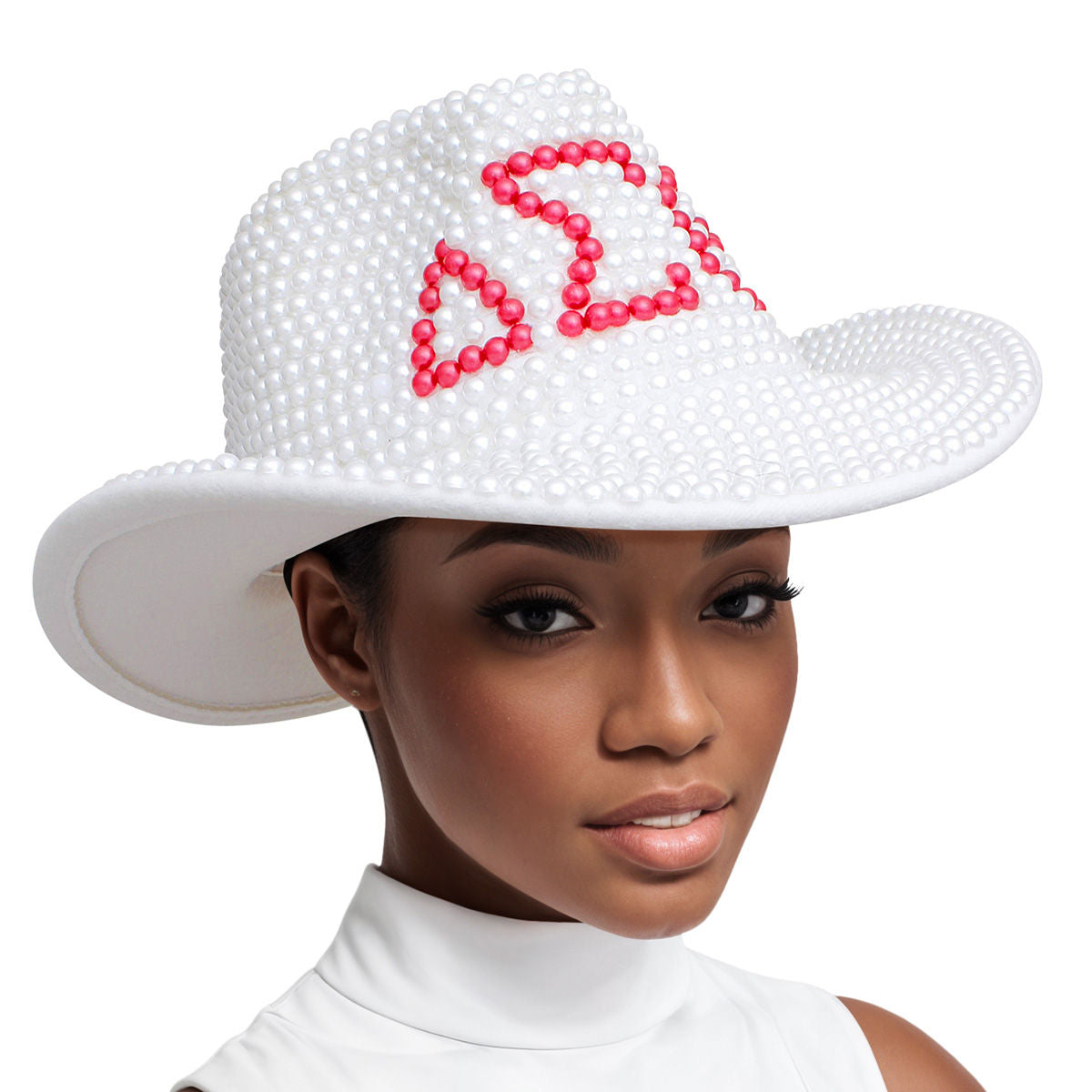 DST Sorority White and Red Pearl Fedora Hat Women