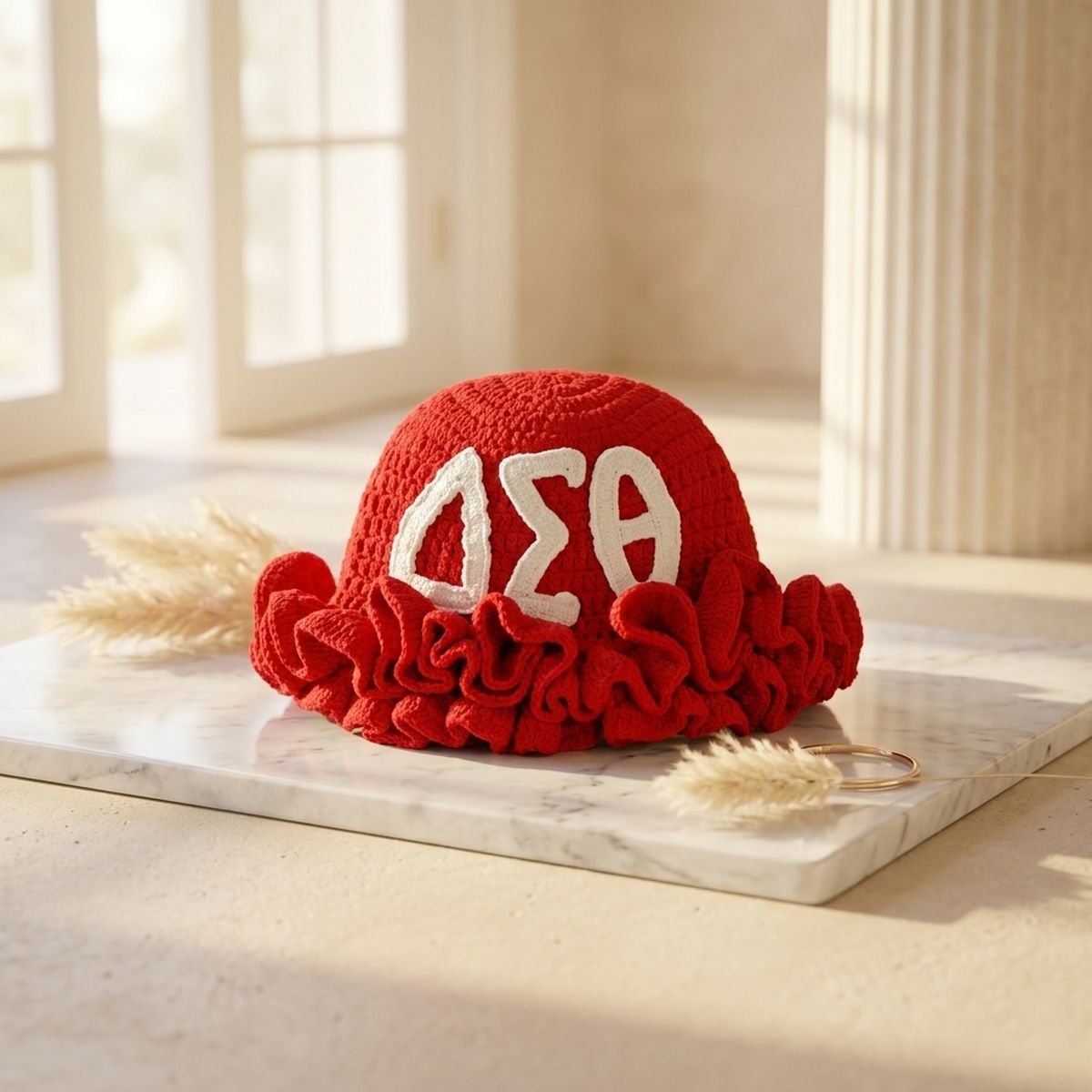 DST Red Greek Crochet Ruffle Bucket Hat