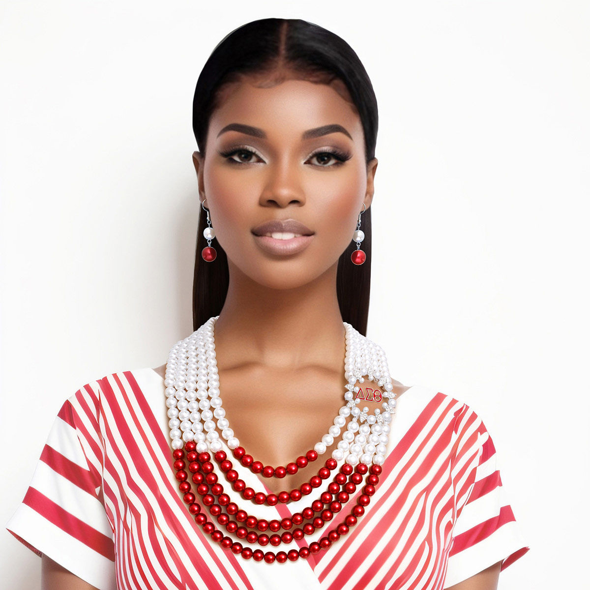 Mix Red White Pearl Delta Soror Necklace Set