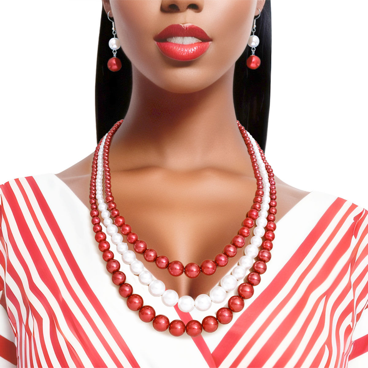 DST Pearl Necklace Red White 3 Strand Set