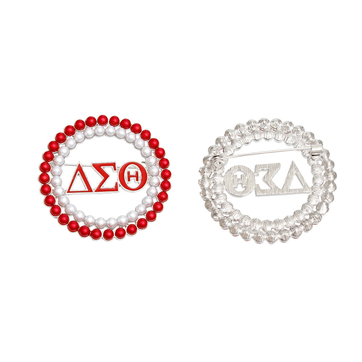 DST Sorority Brooch Red White Pearl Round Pin