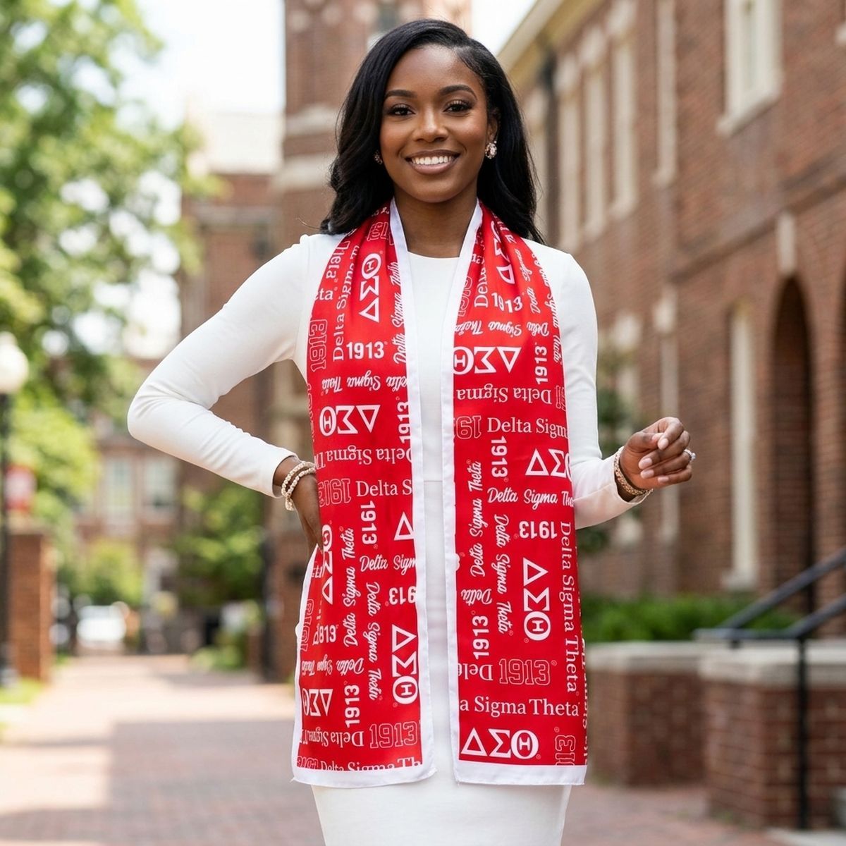 DST Long Red and White Graphic Rectangle Scarf