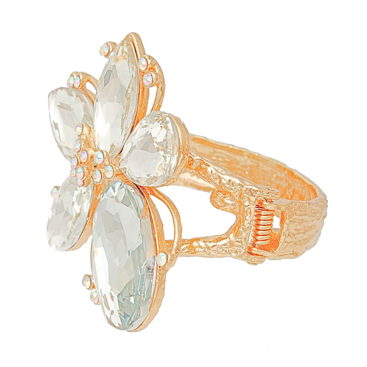 Gold Clear Crystal Flower Hinge Cuff Bangle