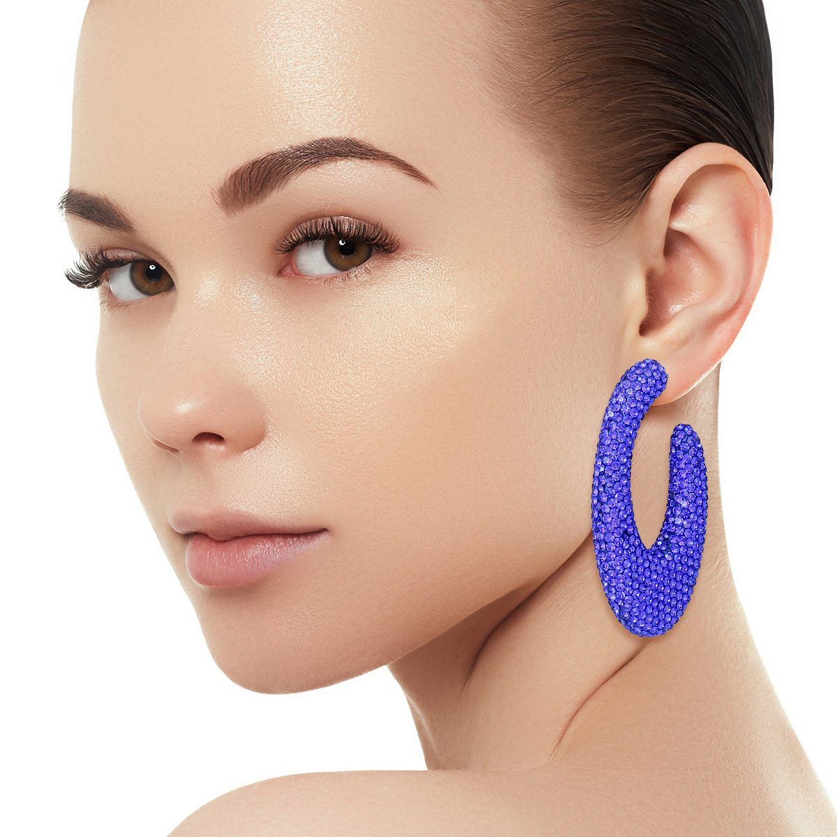 Teardrop Blue Stone Crusted Open Hoop Earrings