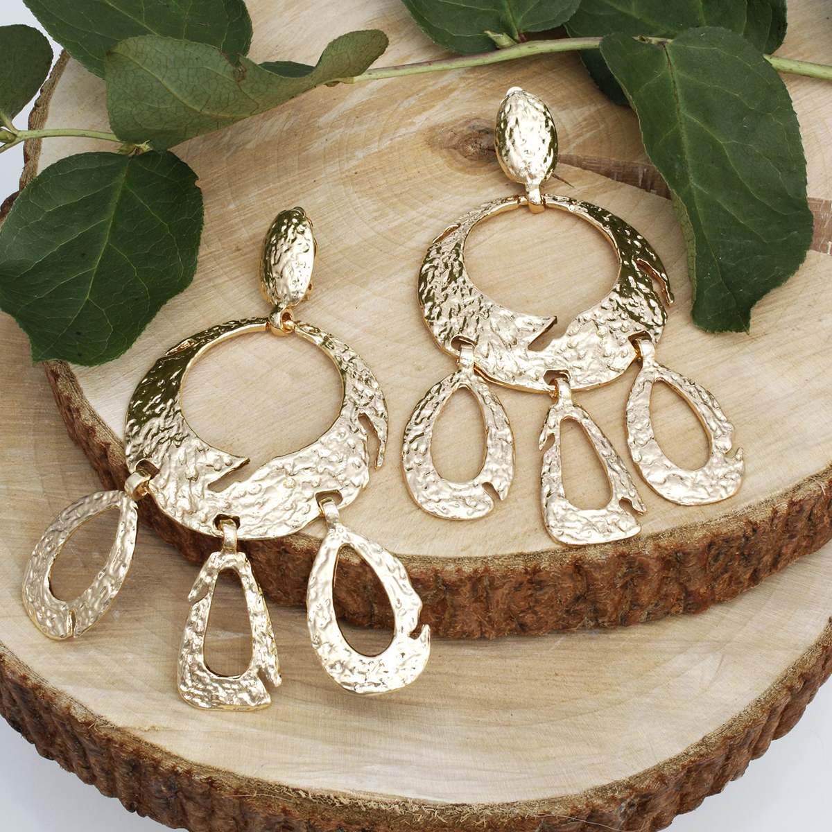 Clip On Heavy XL Gold Hammered Dangle Earrings