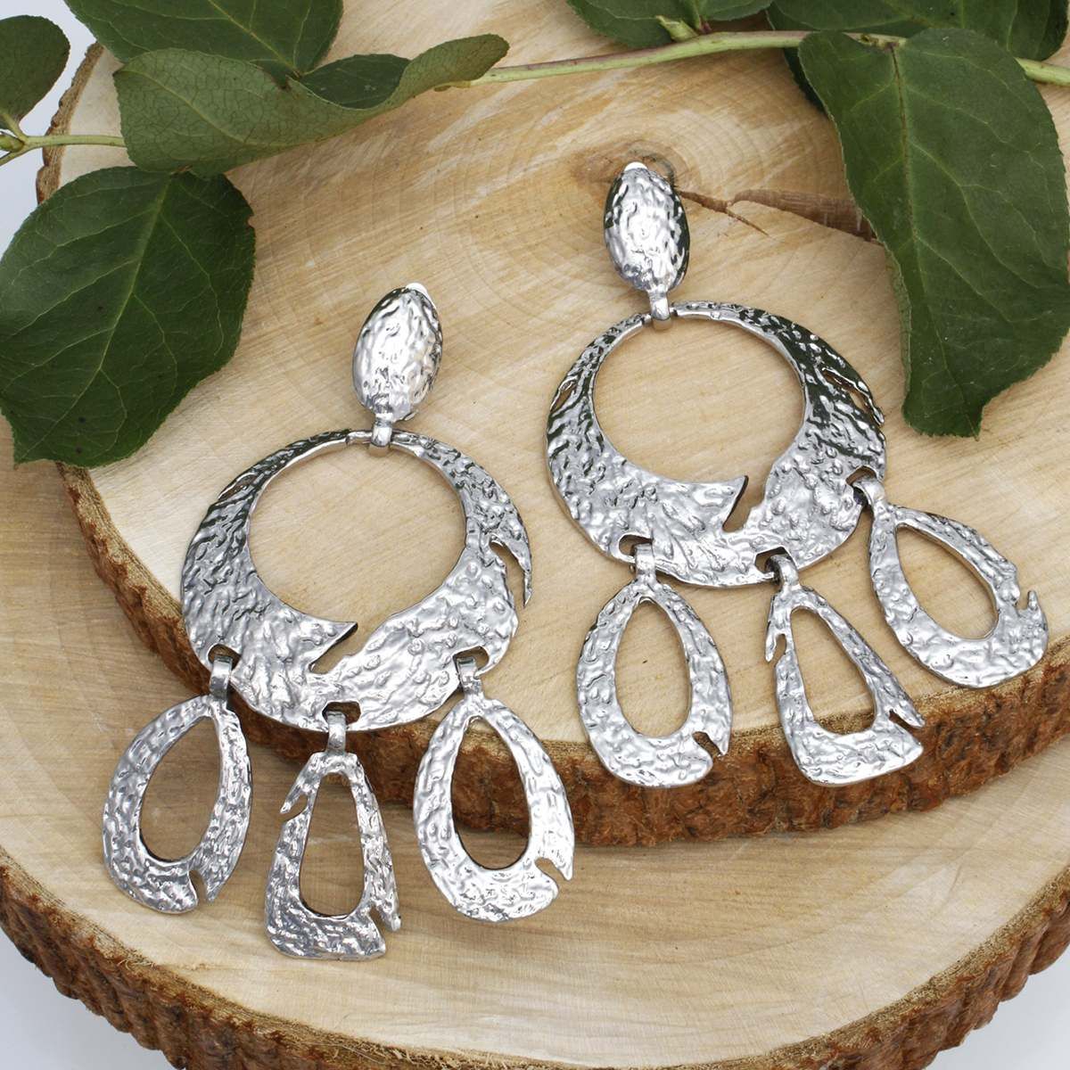 Clip On Heavy XL Silver Hammered Dangle Earrings