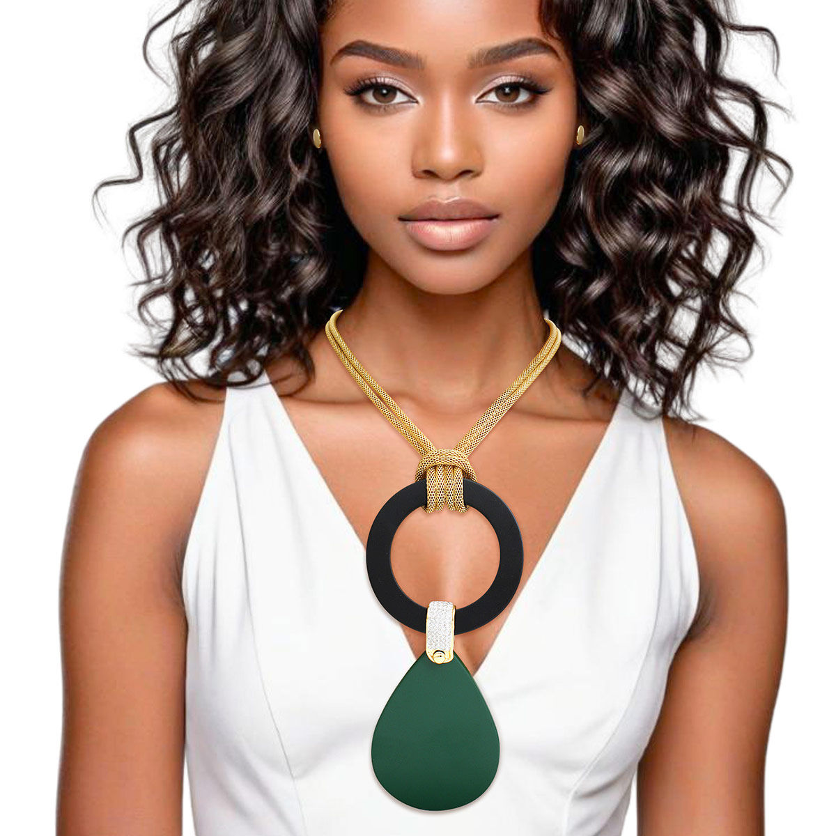 Necklace Long Green Teardrop Pendant Set Women