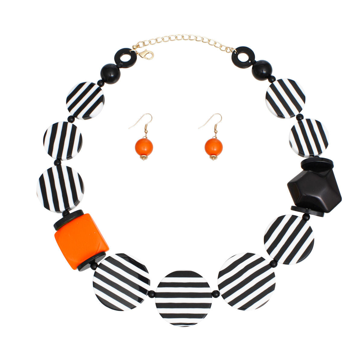 Necklace Retro Striped Black White and Orange Set