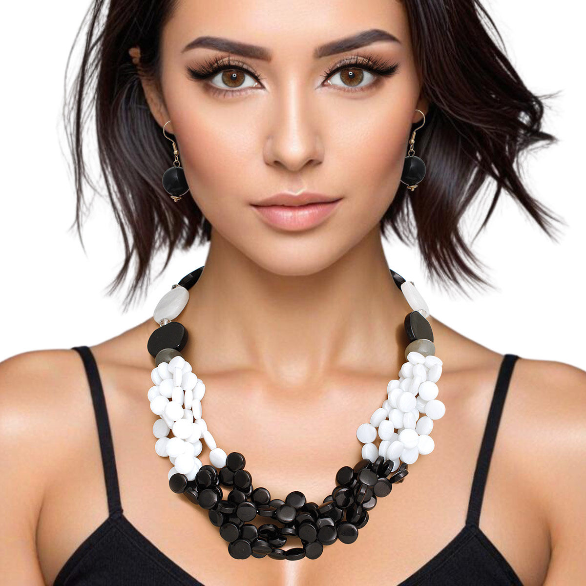 Necklace Retro Marbled Black White Bead Set Women