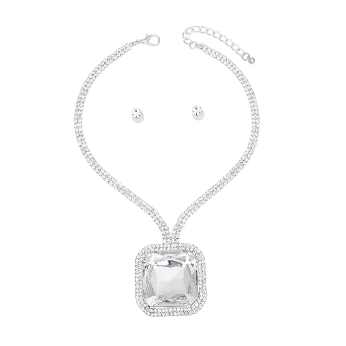 Necklace Pave Silver Princess Crystal Pendant Set