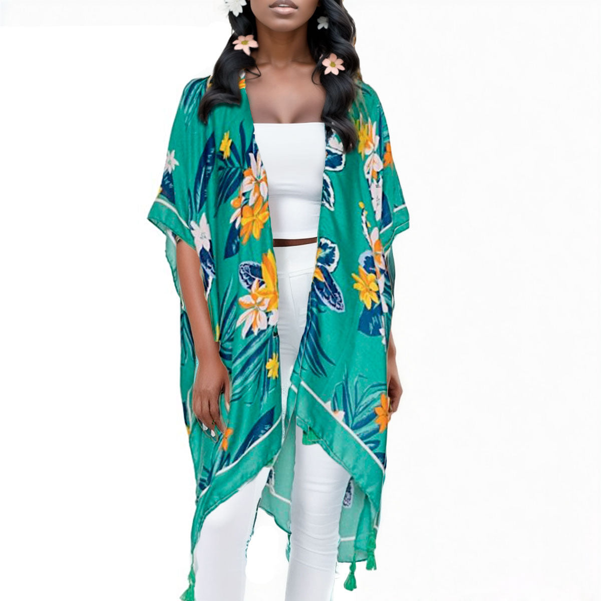 Green Tropical Floral Tassel Kimono