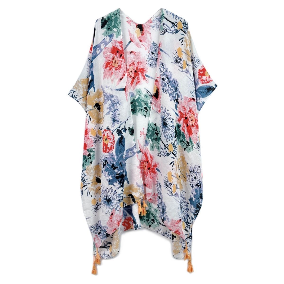 Multi Color Floral Print Tassel Kimono