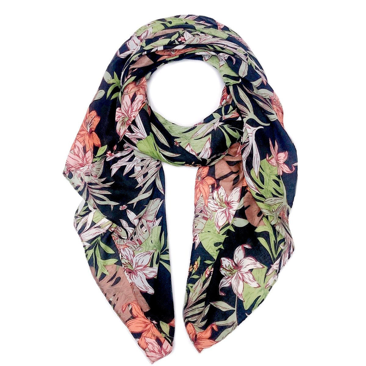 Long Black Palm Leaf Print Scarf |74