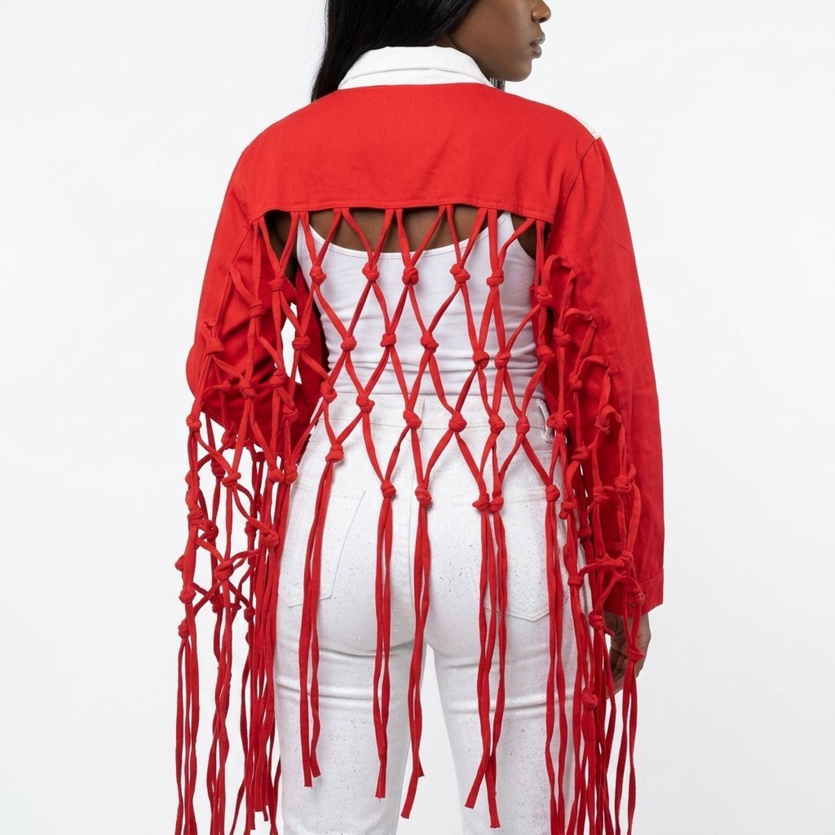DST Apparel Large Red White Denim Fringe Jacket
