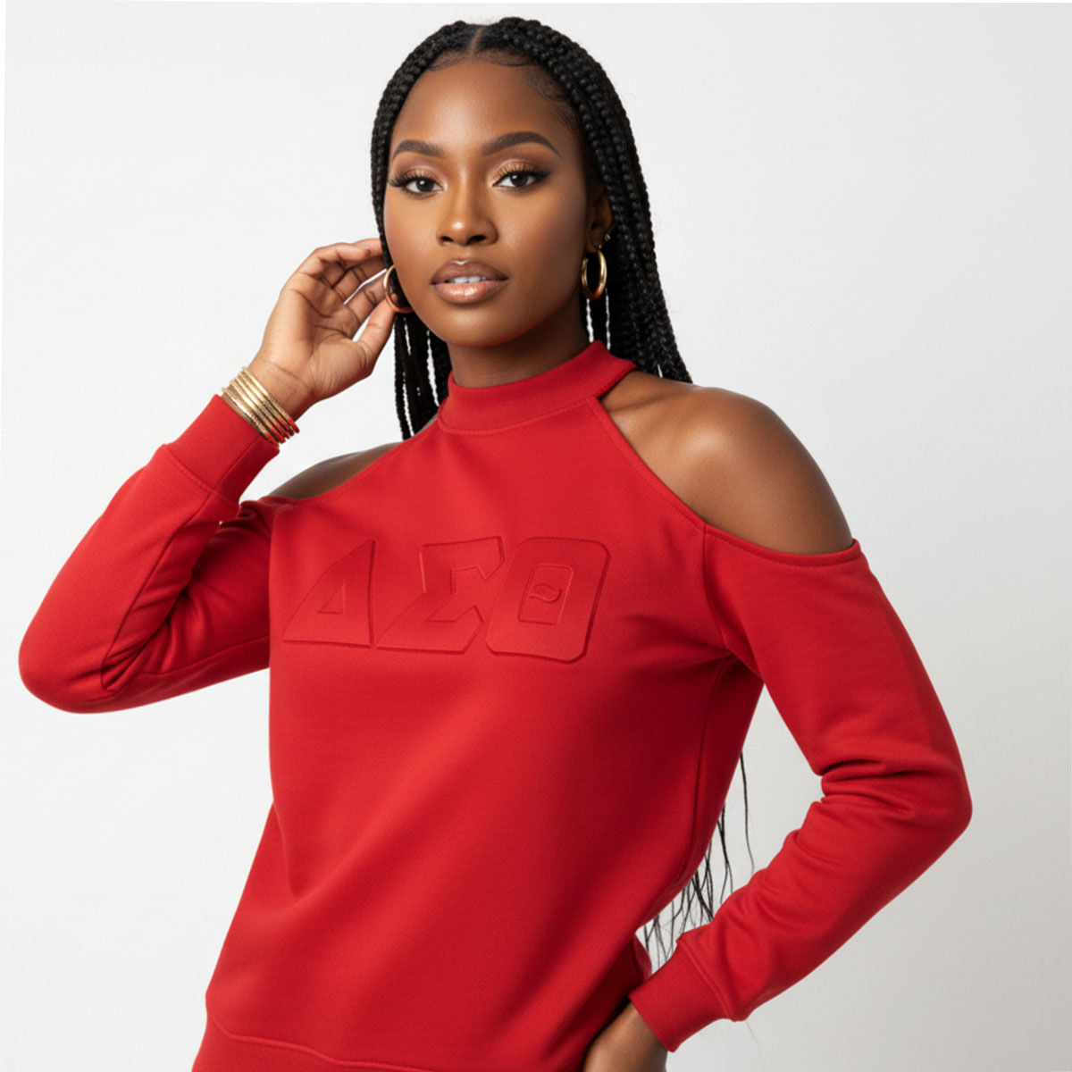 DST Greek Merch L Red Cold Shoulder Sweatshirt