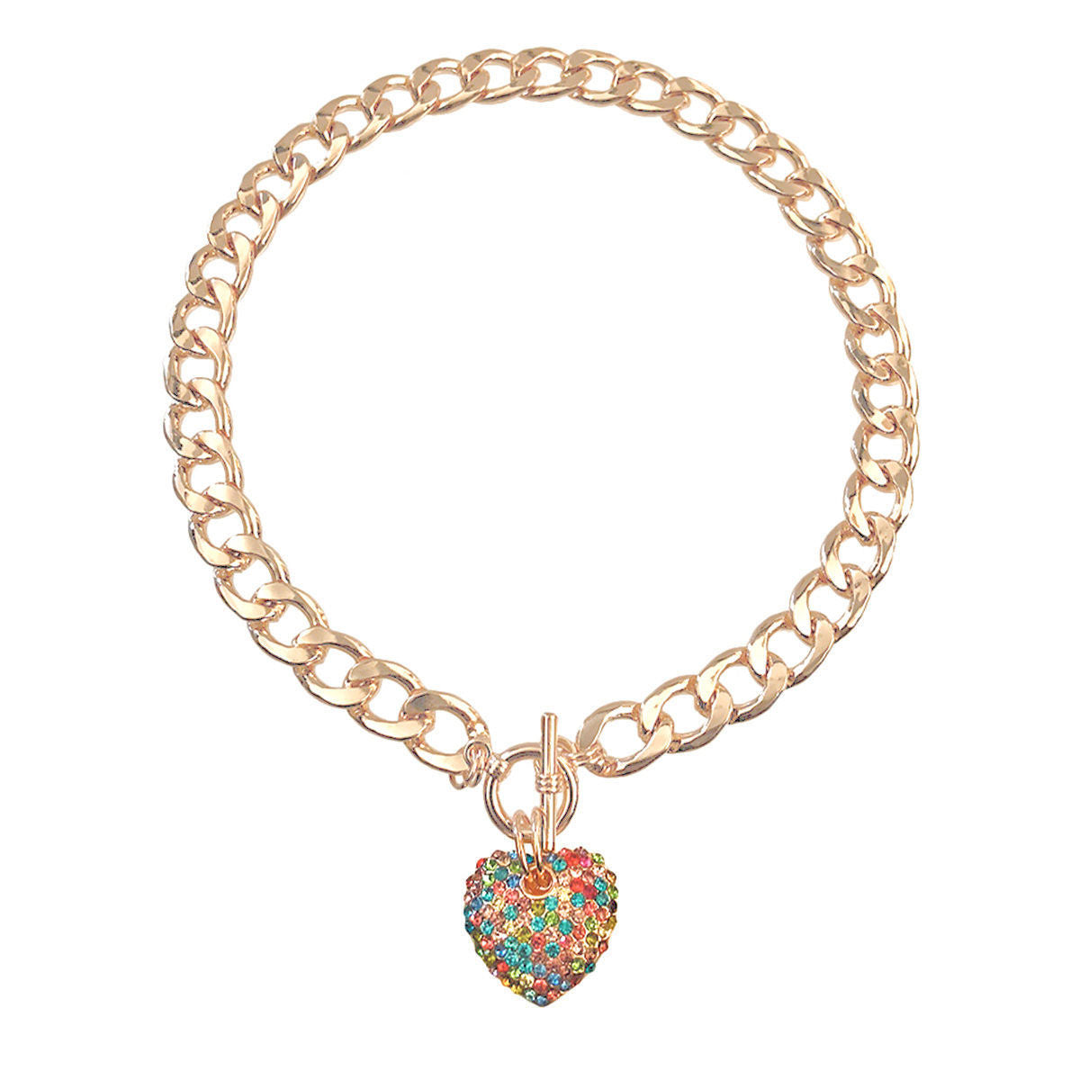 Multicolored Rhinestone Heart Toggle Necklace