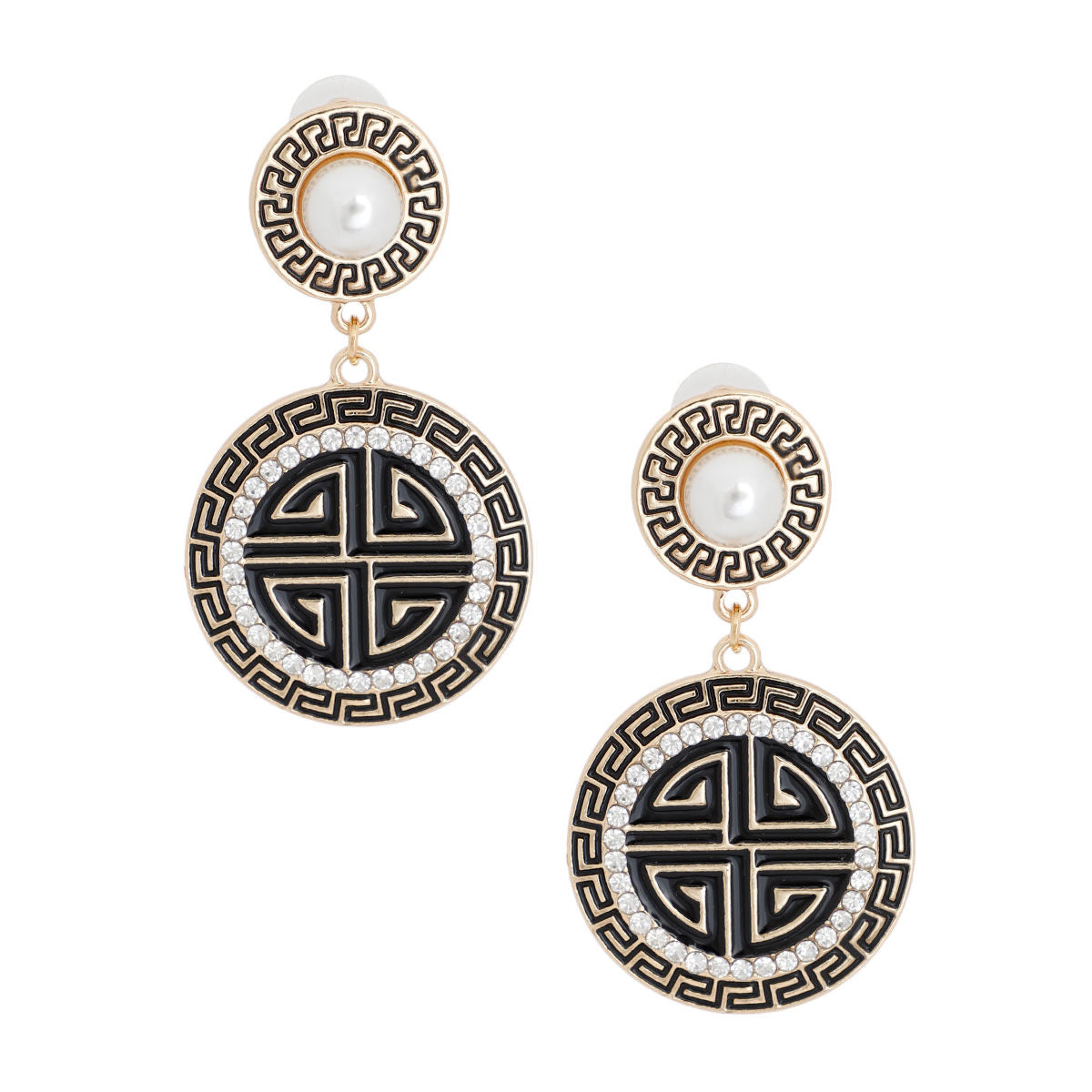 Gold Black Round Greek Key Charm Earrings