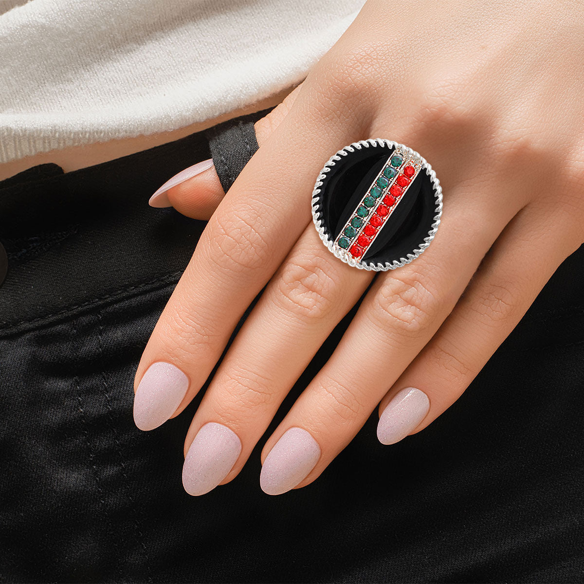 Black Stripe Charm Silver Ring