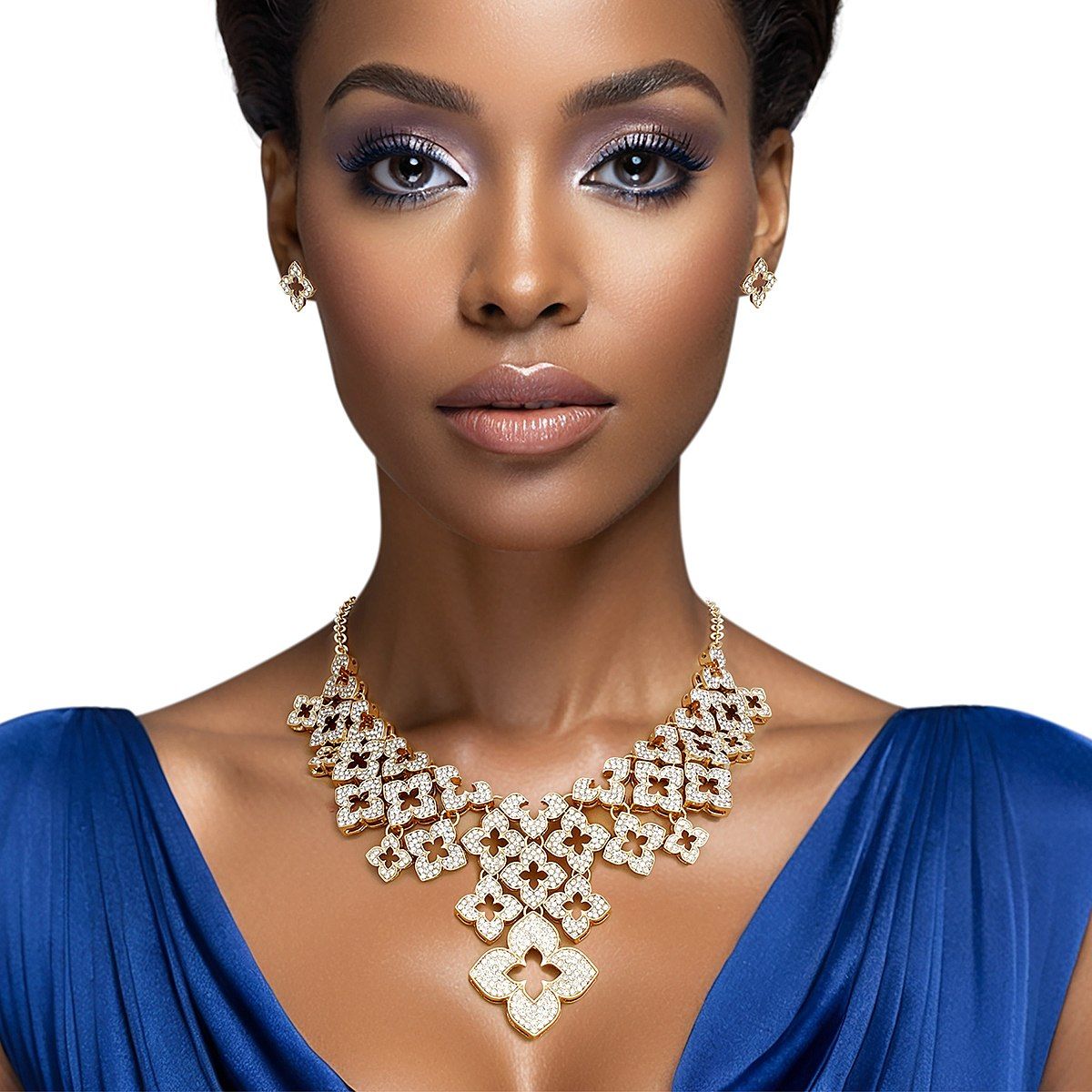 Bib Gold Monogram Flower Rhinestone Necklace Set
