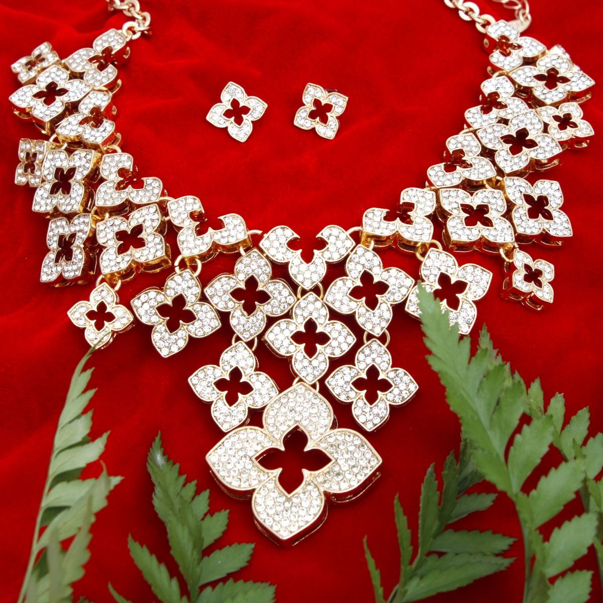 Bib Gold Monogram Flower Rhinestone Necklace Set