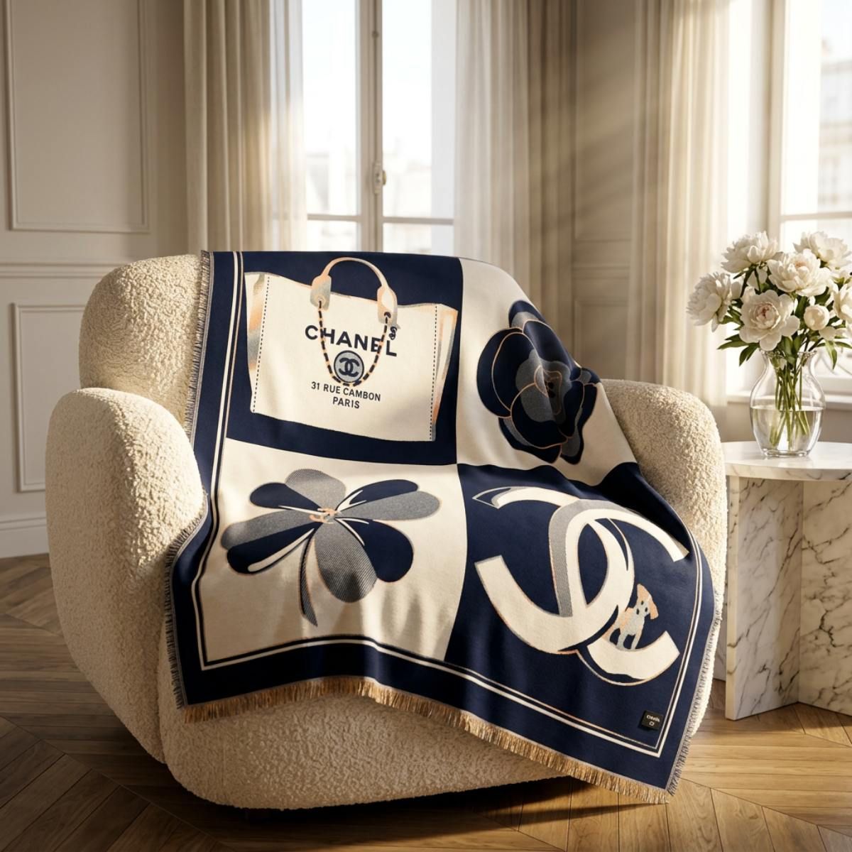 Faux Cashmere Navy Beige Motif Shawl Square Scarf