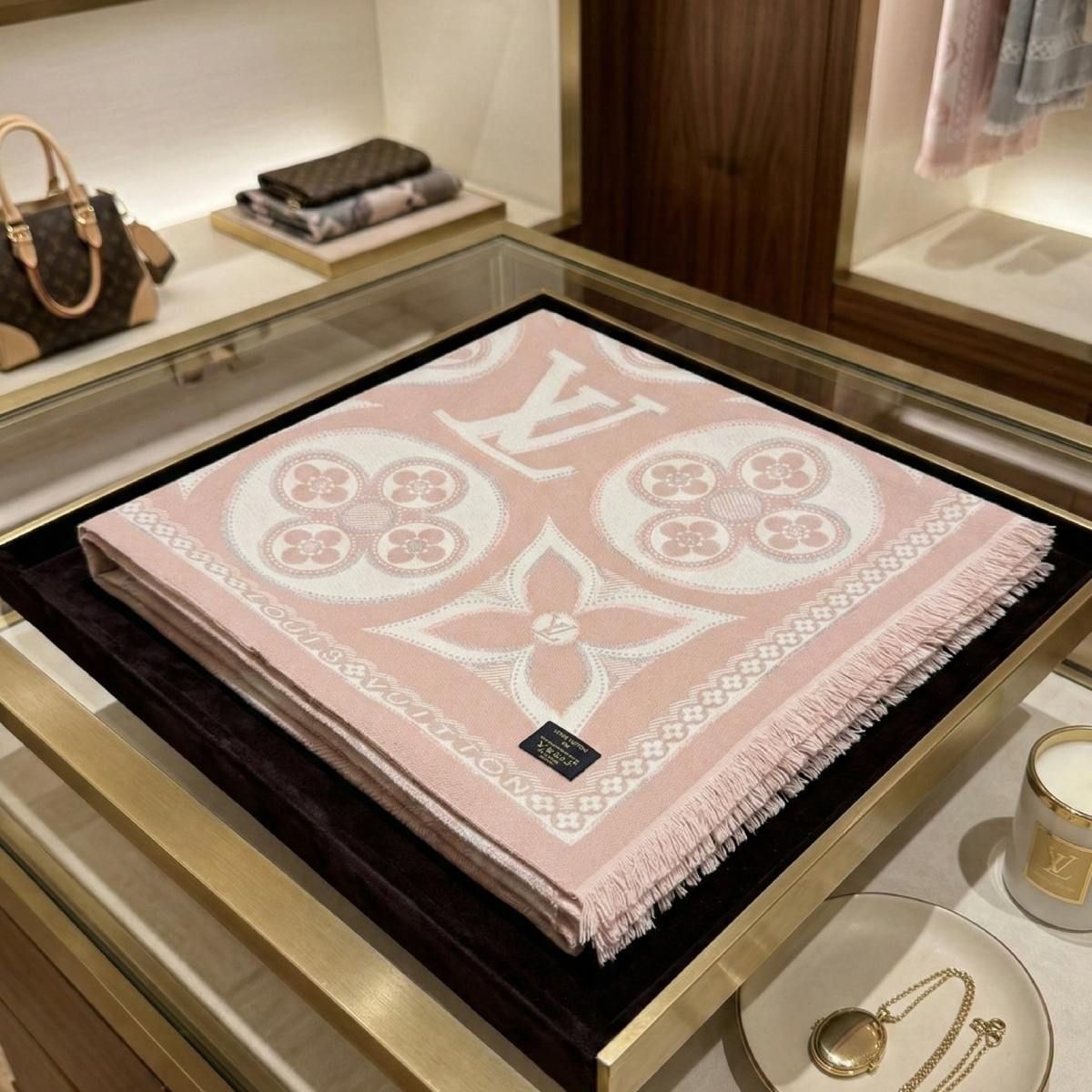 Faux Cashmere Pink Beige Motif Shawl Square Scarf