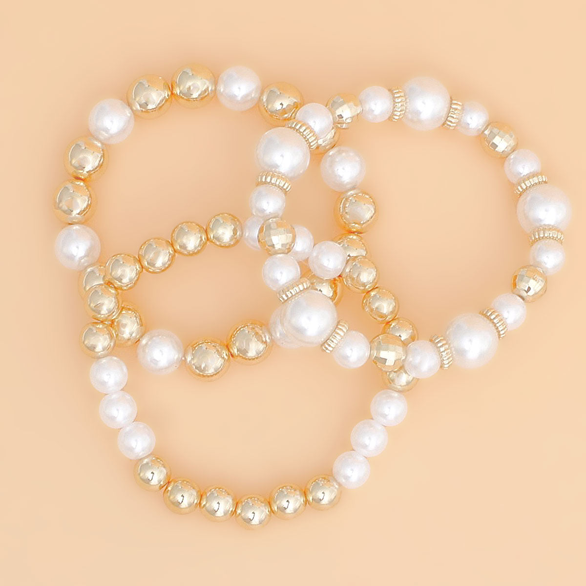 Bracelet Gold Bead White Pearl 3 Pcs Stretch Set