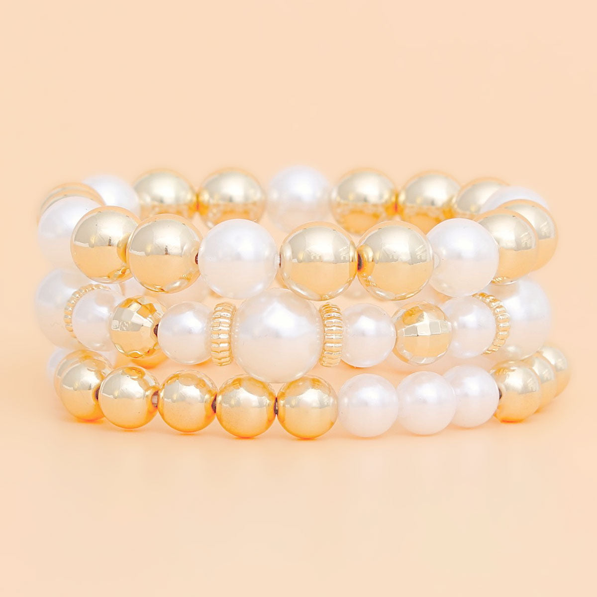 Bracelet Gold Bead White Pearl 3 Pcs Stretch Set