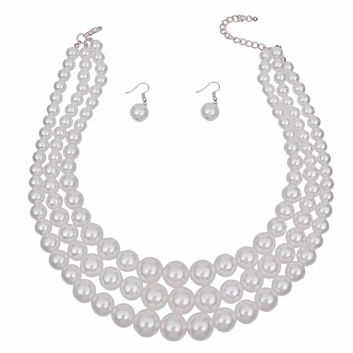 Pure Radiance: White Pearl 3-Strand Rhodium-Plated Layered Necklace Set