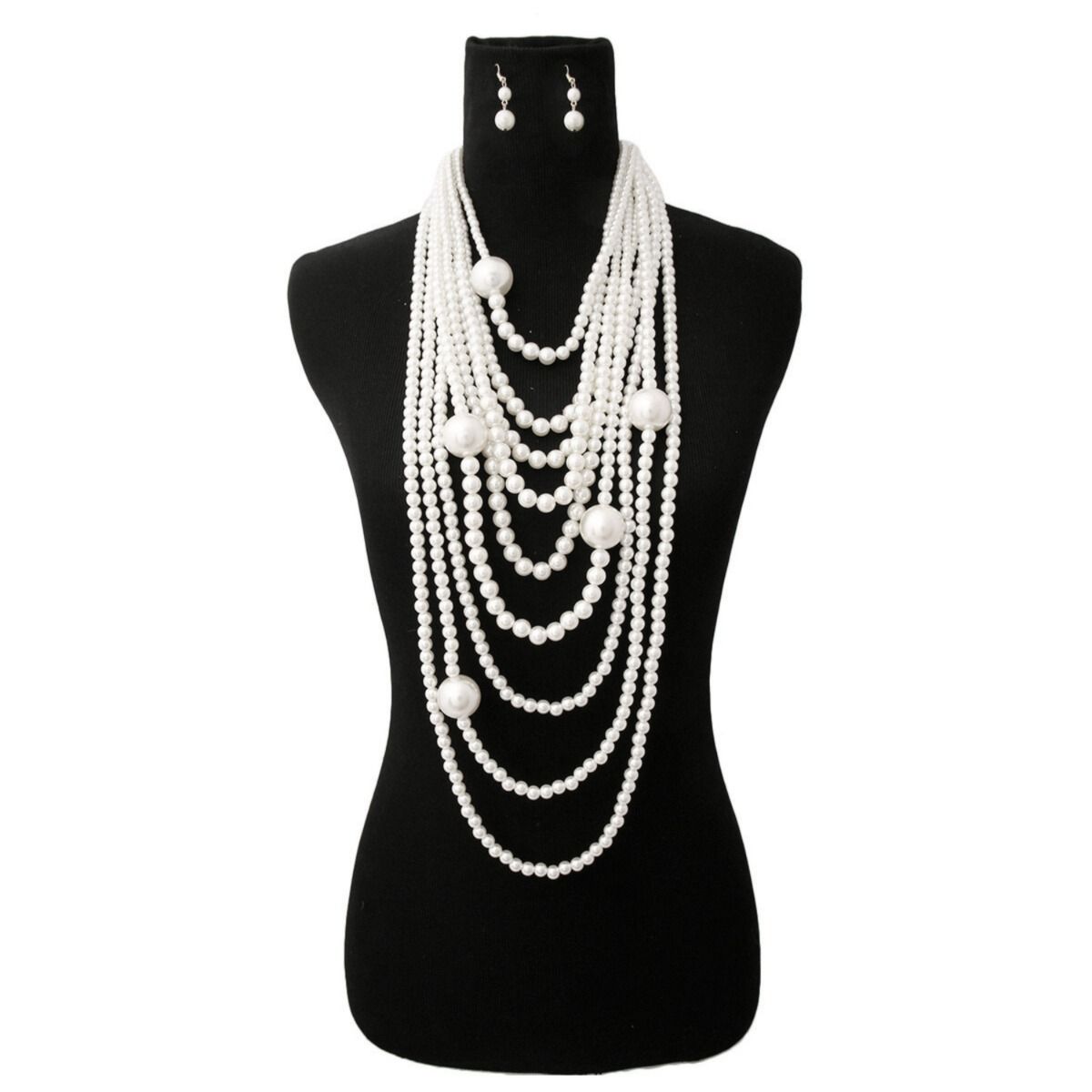 Long Layered Strand White Pearl Set