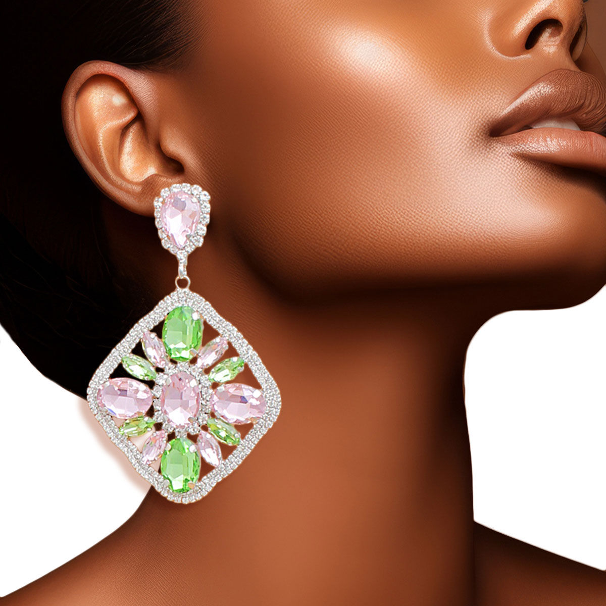 Light Pink Green Glass Crystal Diamond Earrings