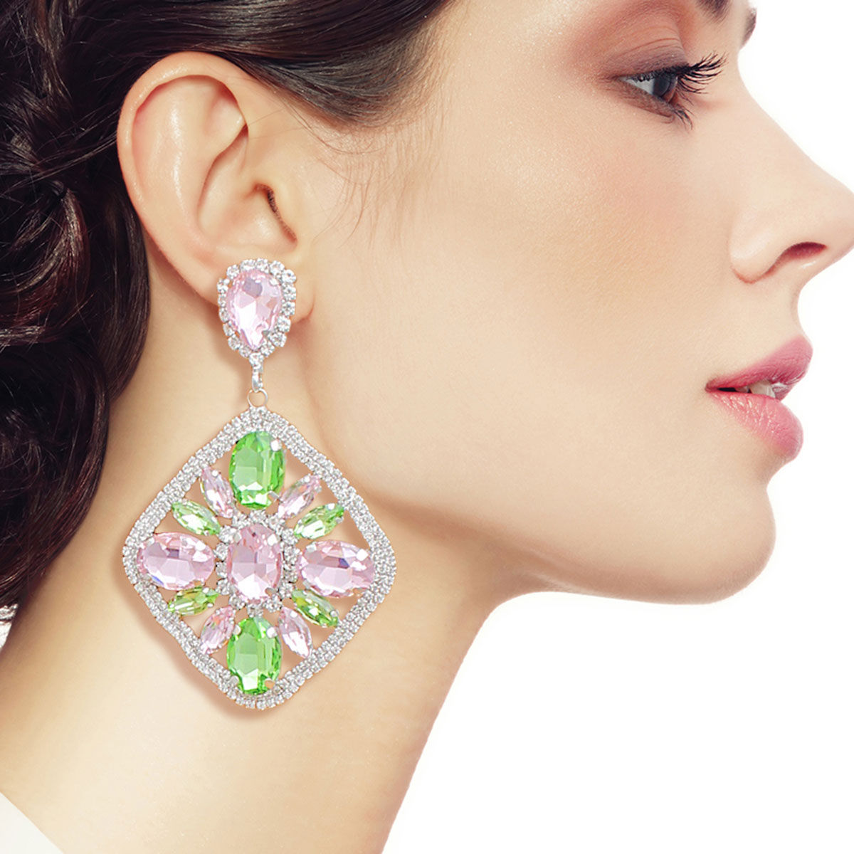 Light Pink Green Glass Crystal Diamond Earrings