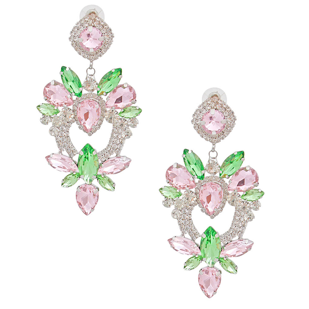 Light Pink Green Glass Crystal Heart Earrings