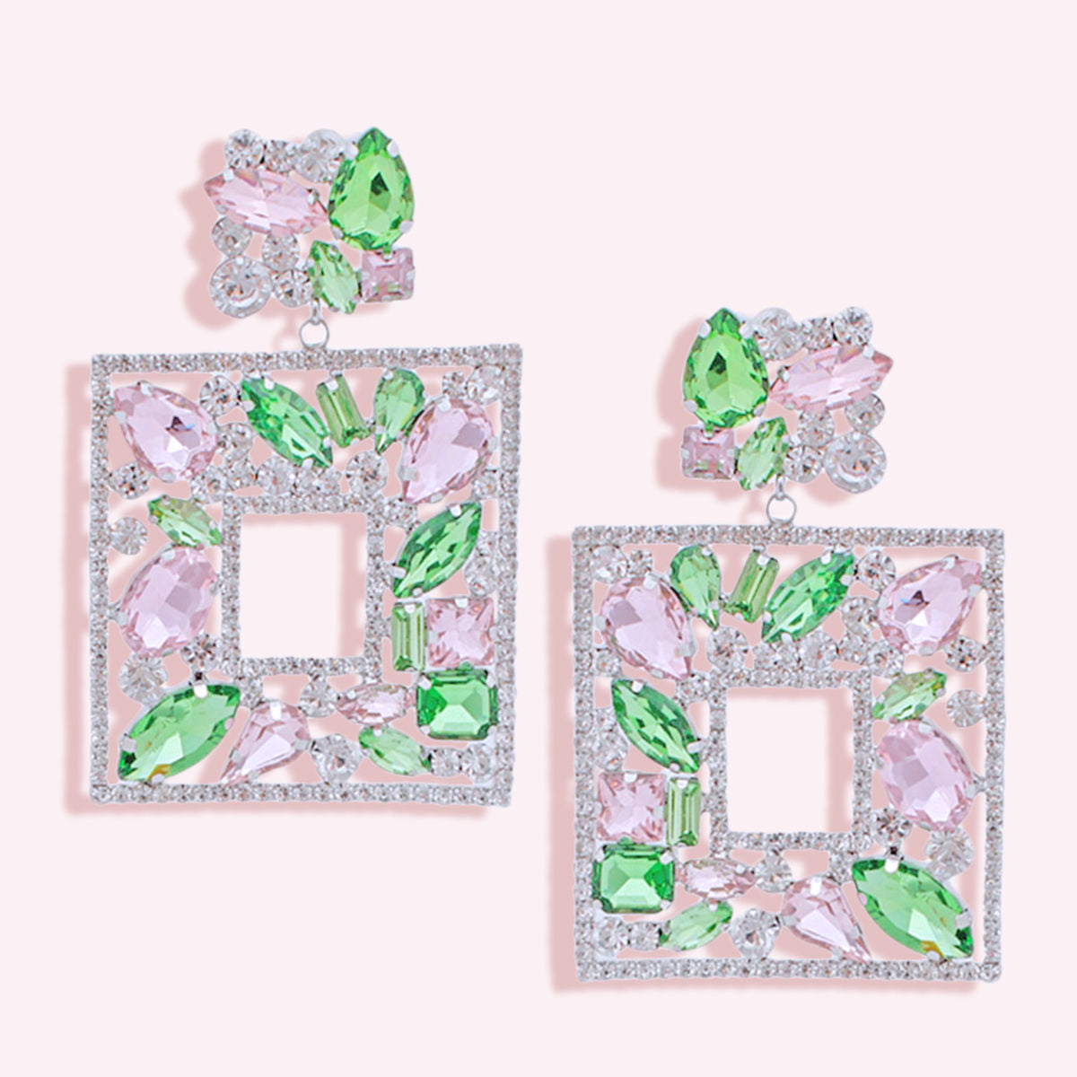 Light Pink Green Glass Crystal Square Earrings